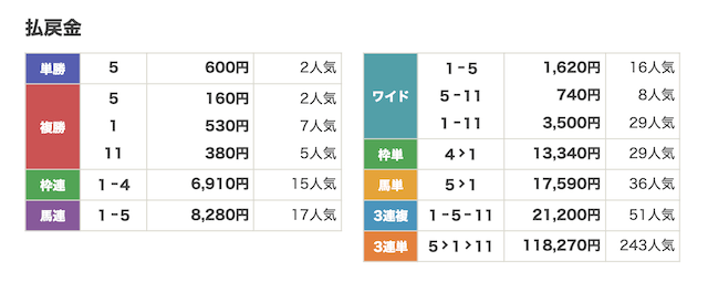 えーあいという競馬予想サイトのベストレースの結果画像