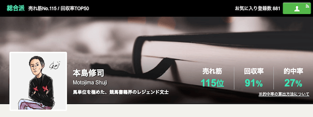 的中率が高い競馬予想家ランキング3位「本島修司」を紹介する画像