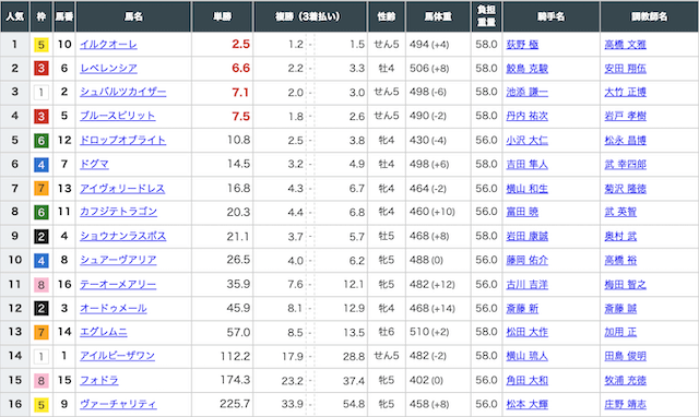 勝ち馬情報局という競馬予想サイトのベストレースの出馬表画像