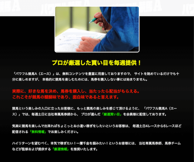 パワフル競馬Aという競馬予想サイトの特徴を紹介する画像