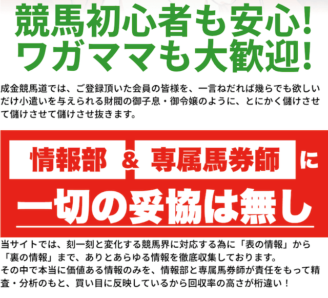 成金競馬道という競馬予想サイトの特徴を紹介する画像