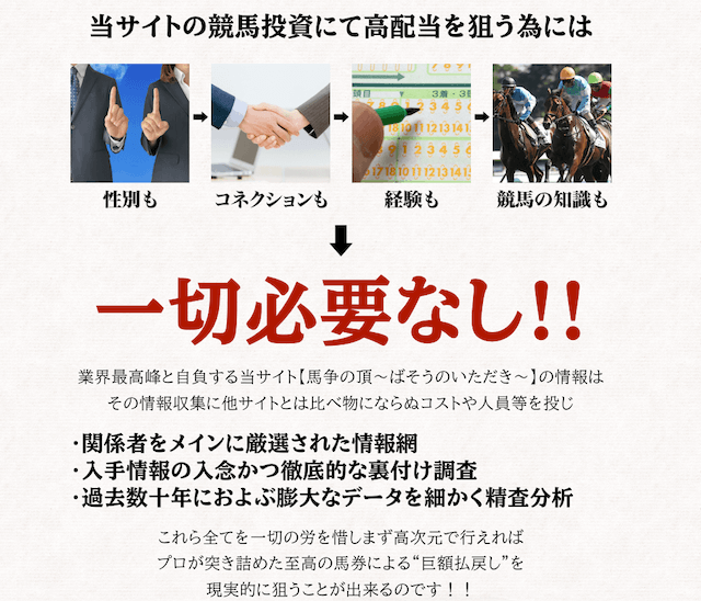 馬争の頂という競馬予想サイトの特徴を紹介する画像