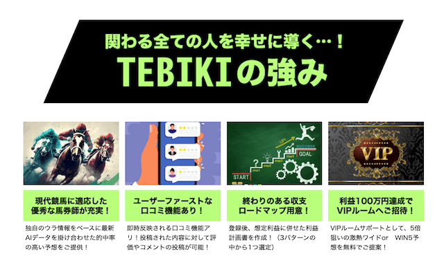TEBIKIという競馬予想サイトの特徴を紹介する画像
